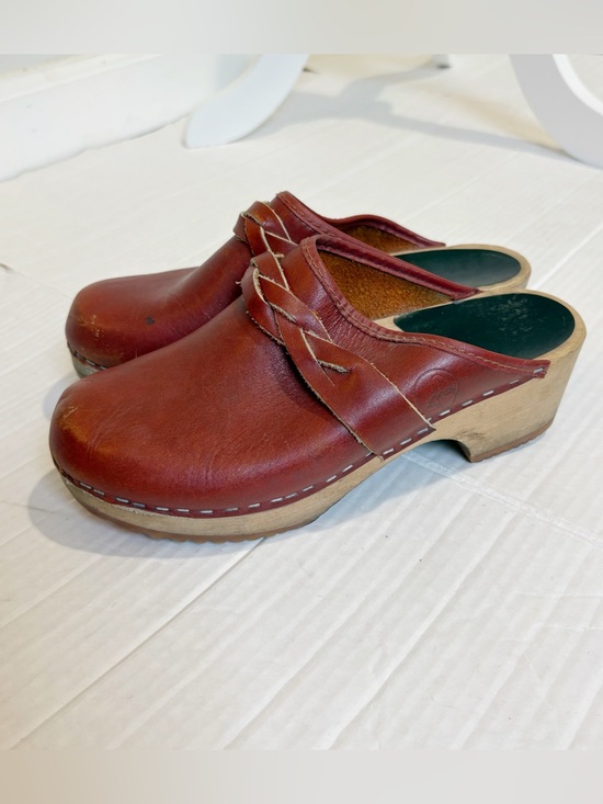 Holie Shoes - Vintage 1970s Holie Troll Red Leather Clogs Braided Size 6 Made in Sweden Wooden